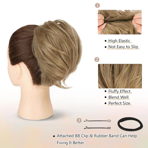 Vista 3 de BARSDAR Extensiones de Moño de Cabello Liso - Extensiones de Moño de Cola de Caballo Corta y Lisa para Mujeres, Coleteros de Moño de Cabello