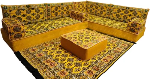 Vista 162 de arabicsofa Juego de asientos Jalsa en forma de L – Majlis árabe hecho a mano con almohadas de respaldo