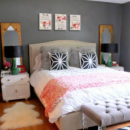 Vista 6 de Arte de pared para dormitorio, fotos de pared de mariposas, pinturas florales, citas de fe, esperanza, amor, arte de pared inspirador, acuarela, Rosa