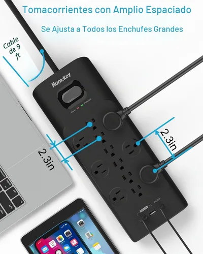 Vista 6 de Huntkey - Regleta protectora de sobretensiones (3480J), 12 salidas con 2 USB A y USB C de 20 W, carga rápida, enchufe plano de 6 pies, cable de Negro