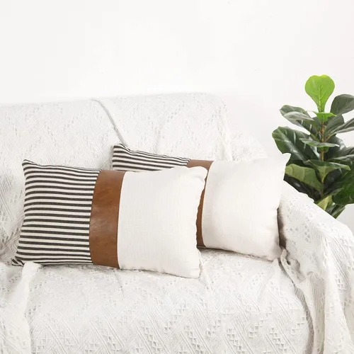 Vista 17 de Cygnus - Juego de 2 fundas de almohada de 16 x 16 pulgadas hechas de lino y de la unión de distintas telas con diseño de rayas para decoración Negro
