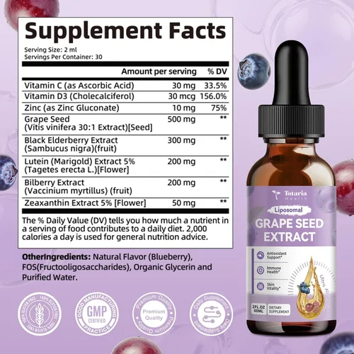Vista 7 de Totaria Gotas líquidas de extracto de semilla de uva Suplemento antioxidante de polifenoles de alta potencia con 95 % para la piel, el corazón