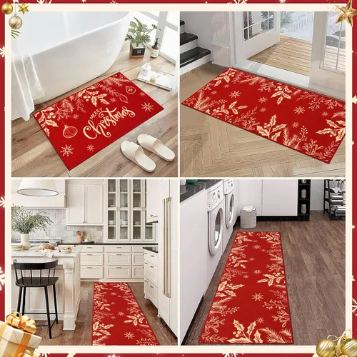 Vista 7 de Pauwer Juego de 3 alfombras de cocina de Navidad, tapetes de cocina con flores de Navidad, alfombras y tapetes de cocina antideslizantes y lavables