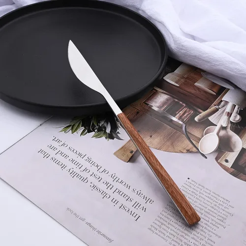 Vista 6 de Juego de cubiertos para 4 cubiertos de acero inoxidable de 16 piezas, juego de utensilios de cocina con mango de efecto de madera, incluye cuchara