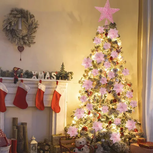 Vista 5 de Decoración de árbol de Navidad con purpurina de 6 pulgadas, estrella de Navidad de metal de 31.5 pulgadas, falda de árbol de Navidad con purpurina