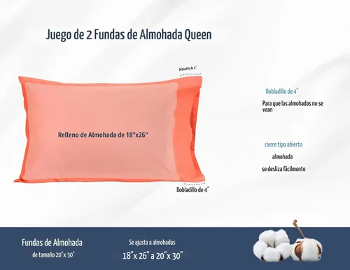 Vista 3 de Juego de 2 fundas de almohada tamaño Queen 100% algodón percal Coral