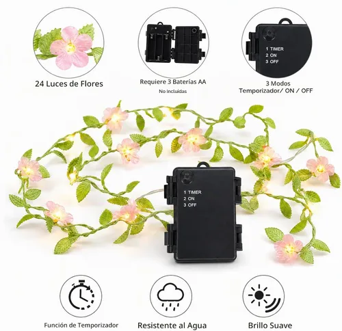 Vista 3 de Vigdur Paquete de 2 Luces de Vid – Cadena de luces de hiedra de hojas pequeñas con 48 luces de flor de cerezo alimentadas por batería, impermeables