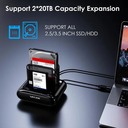 Vista 8 de WAVLINK Estación de acoplamiento para disco duro de doble bahía, USB 3.0 a SATA I/II/III para HDD/SSD de 2.5" y 3.5" con bisel fijo, compatible
