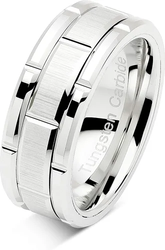 Vista 2 de 100S JEWELRY Anillos de tungsteno para hombres, alianza de boda con patrón de ladrillo de oro blanco, chapado en rodio, talla 6-16, Metal