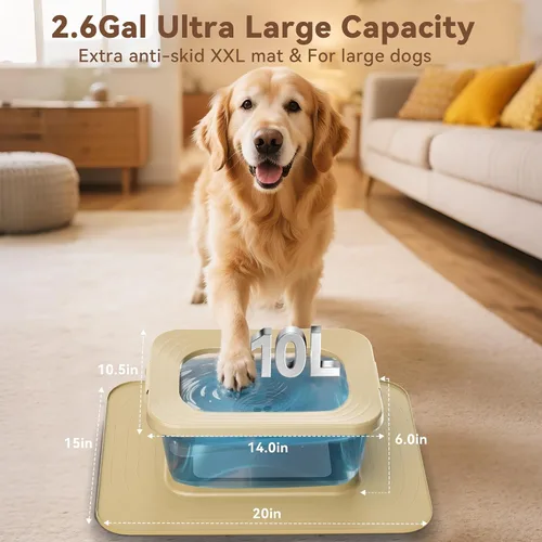 Vista 2 de Cuenco de agua para perros de 10L sin derrames, 2.6 galones de acero inoxidable sin salpicaduras, cuenco de agua grande para perros con alfombrilla