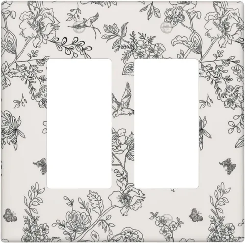 Vista 27 de Cubierta de tomacorriente eléctrico dúplex individual estilo campestre con diseño floral de flores y pájaros en blanco y negro, placa de pared de 1