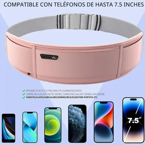 Vista 7 de Cinturón de correr para teléfono – Riñonera ajustable para correr con 3 bolsillos para teléfonos de hasta 7.2 pulgadas, cangurera delgada para Rosa