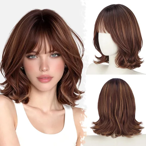 Vista 15 de BARSDAR Synthetic Short Layered Brown Highlights Bob Wig with Wispy Bangs