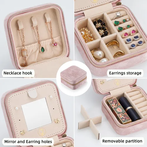 Vista 4 de Joyero de viaje de terciopelo de felpa, pequeño joyero de viaje, caja de joyería portátil, mini organizador de viaje, caja de almacenamiento