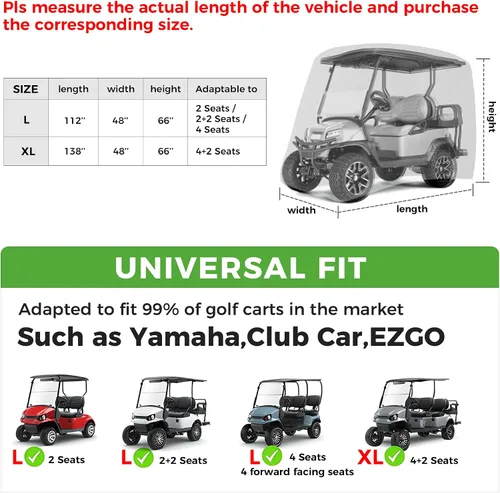 Vista 8 de 10L0L Funda para carrito de golf de 4 pasajeros se adapta a EZGO, Club Car, Yamaha, 400D, impermeable, resistente al viento, resistente al sol
