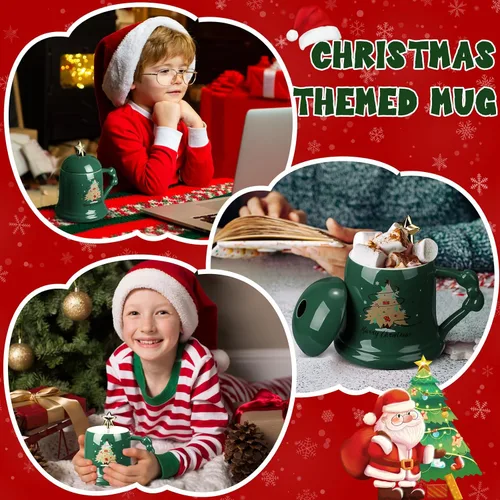 Vista 6 de Sliner Taza de Navidad de Cerámica Feliz Navidad Taza de Árbol de Navidad con Cuchara de Estrella y Tapa Taza de Santa para Regalos de Navidad