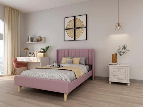 Vista 22 de Upholstered Bed Frame with Wingback Headboard and Wood Slats (Beige-Linen, Twin)