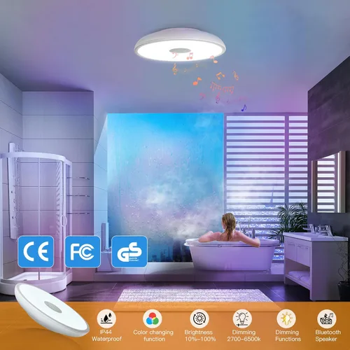 Vista 3 de Lámpara de techo LED inteligente impermeable de montaje empotrado, con altavoz Bluetooth, 28 cm, 18 vatios, lámpara de música regulable, luz RGB