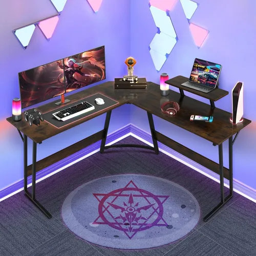 Vista 10 de Escritorio para juegos en forma de L con gran escritorio y espacio de almacenamiento, ideal para estudiar, trabajar y jugar, patas ajustables e Negro