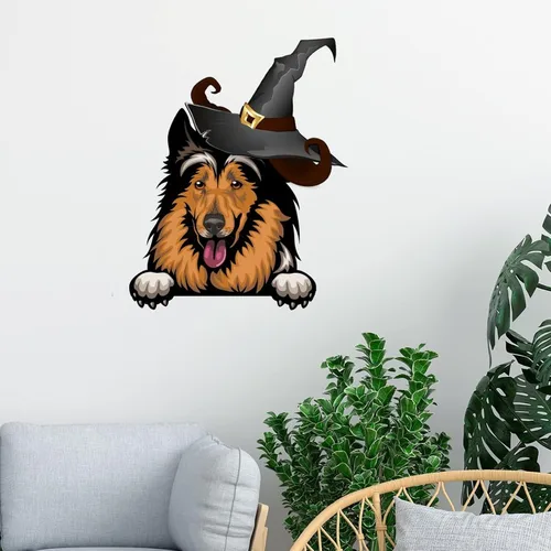 Vista 2 de Calcomanías de Halloween Witch Collie, calcomanías de bienvenida de Halloween, arte de pared de perro Collie, póster extraíble de vinilo