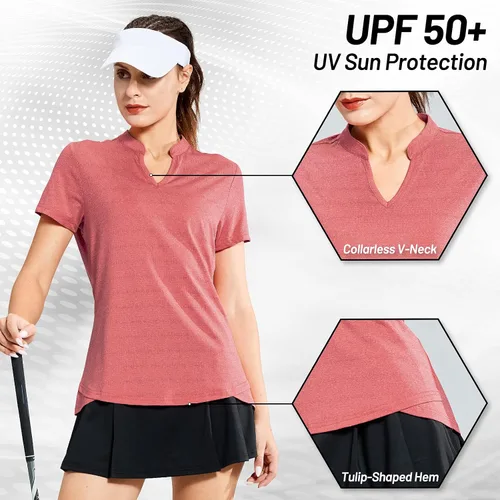Vista 4 de MIER Polo de golf para mujer, sin cuello, UPF 50+, manga corta, tenis y correr, cuello en V