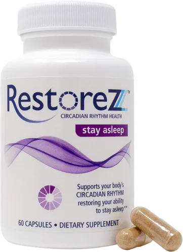 Vista 2 de RestoreZ Stay Asleep (60 cápsulas) Suplemento natural para dormir - Mantiene un sueño reparador durante toda la noche - Ayuda para dormir sin hábito