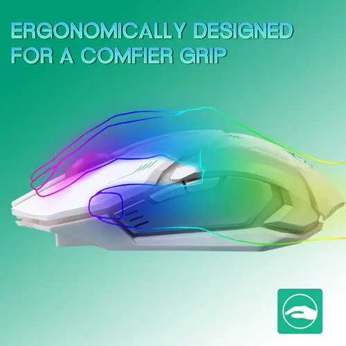 Vista 4 de VEGCOO Ratón inalámbrico blanco para juegos, mouse inalámbrico de clic silencioso con 3 niveles DPI, mouse de computadora recargable con luces LED