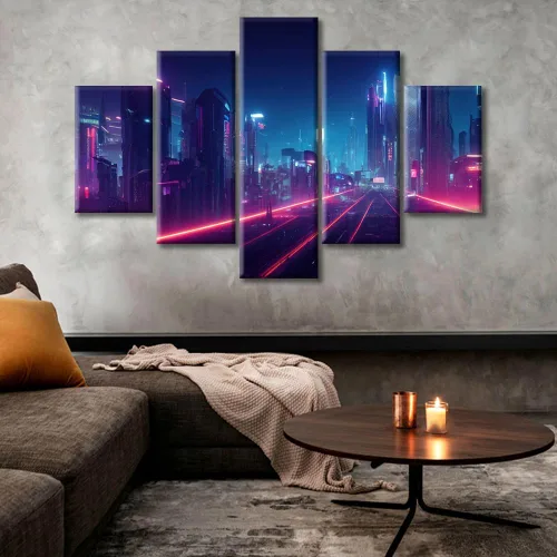 Vista 272 de Cuadros de 5 paneles de Cyberpunk City, arte de pared, representación de vallas publicitarias, edificios modernos en la capital con obras de arte