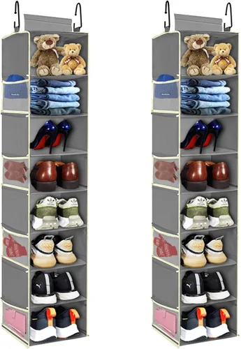 Vista 9 de Organizador de zapatos colgante de gran tamaño con 8 estantes, organizador colgante de armario con 8 bolsillos laterales, estantes colgantes más