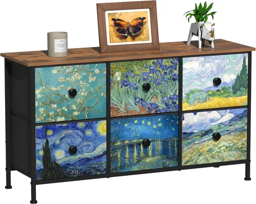 Vista 9 de EXOTICA - Cómoda grande con 15 cajones, cómoda alta de tela Van Gogh para dormitorio, sala de estar, entrada, armario con marco de metal resistente