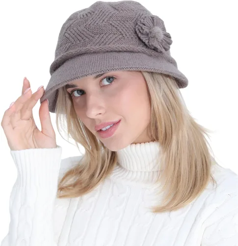 Vista 106 de C-US - Gorro de punto cálido para mujer, con visera de ganchillo con acento de flores