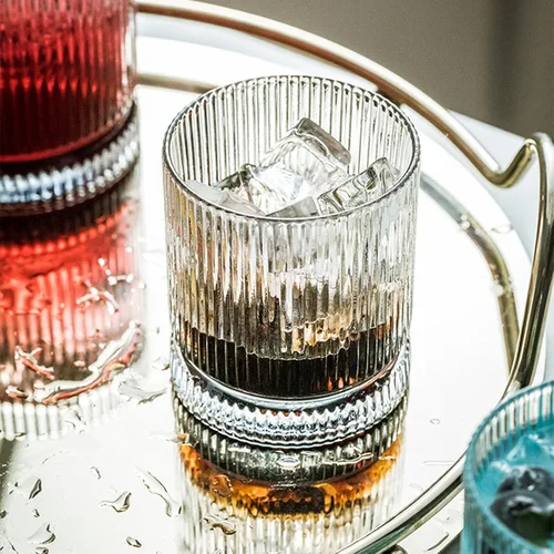 Vista 6 de KEMORELA Juego de 4 vasos de vidrio acanalado, cristalería vintage de 13 onzas, cristalería premium, elegante juego de cristalería mixta, copas