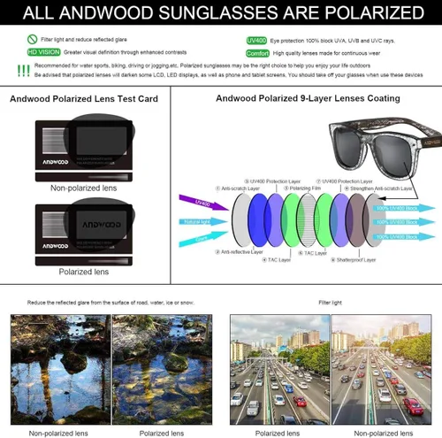 Vista 8 de ANDWOOD Gafas de sol polarizadas de madera para hombres y mujeres, protección UV, marco de bambú de madera, gafas de sol espejadas