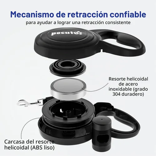 Vista 3 de Correa retráctil para perro de 32 pies con tiras reflectantes, control de un botón y material de nailon resistente, correa larga retráctil