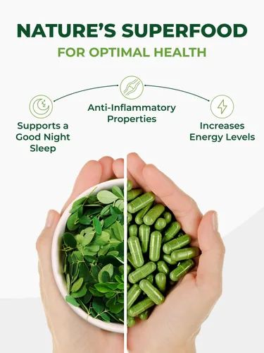 Vista 11 de PURA VIDA MORINGA Cápsulas de polvo de Moringa de origen único orgánico. Hoja pura de Moringa. Energía, metabolismo y apoyo inmunológico. 120