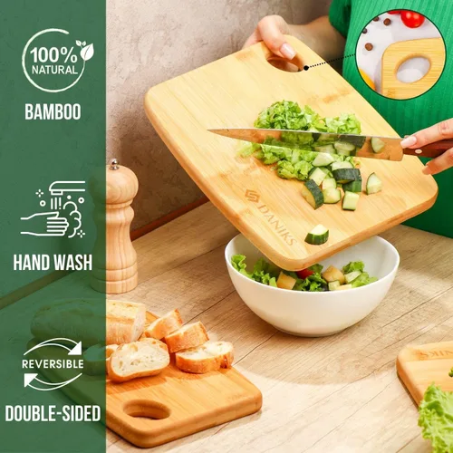 Vista 4 de Daniks Tabla de cortar de bambú de 9 x 6 pulgadas (pequeña), extra gruesa y resistente, con orificio para colgar, previamente engrasada, respetuosa