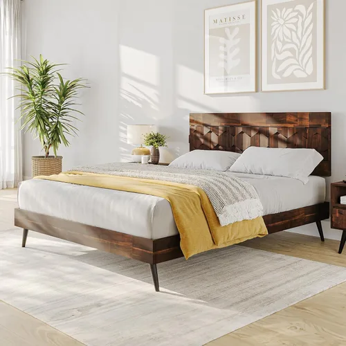 Vista 3 de Bme Georgina - Marco de cama tamaño Queen con cabecero y diseño geométrico artesanal distintivo, diseño con patente estadounidense pendiente, madera