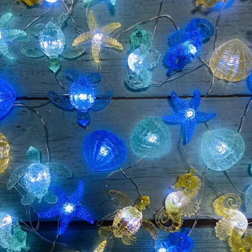 Vista 4 de Guirnalda de luces con temática del océano, luz nocturna de vida marina, decoración de playa, tortuga de mar, caballito de mar, almeja, luces