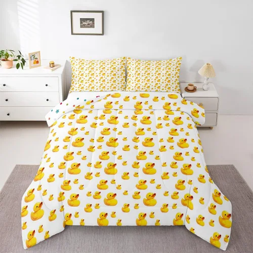 Vista 32 de Erosebridal Juego de ropa de cama a cuadros azul para niños, juego de cama individual con diseño de patos amarillos de dibujos animados, juego
