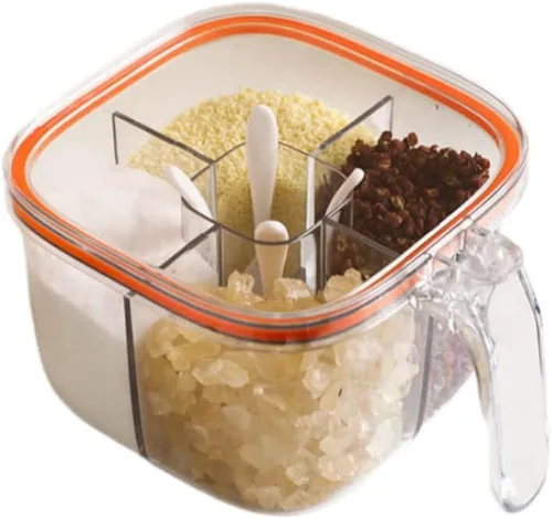 Vista 8 de Caja de condimentos transparente, 4 compartimentos sellados con tapa, tarros de condimentos con tapa y cucharas de servir, tarros de condimentos