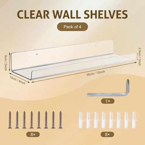 Vista 3 de AMEITECH Paquete de 4 estantes flotantes para pared, estantes acrílicos de 15 pulgadas para decoración de habitación, estante de libros para niños