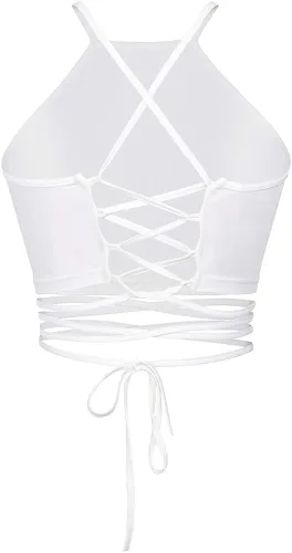 Vista 4 de JOXJOZ Chaleco corto de verano con estampado de arco iris y cuello halter para mujer talla única