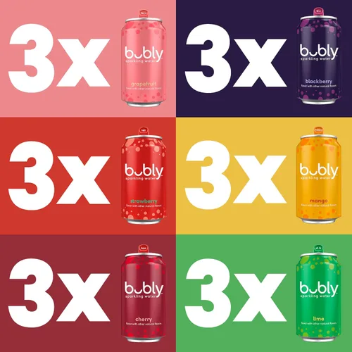 Vista 3 de Bubly - Agua con gas, paquete variado de 6 sabores (zarzamora, lima, cereza, toronja, fresa, mango), cero azúcar y cero calorías, agua con burbujas