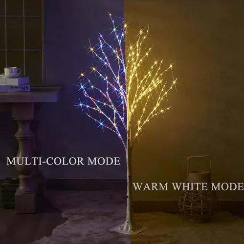 Vista 4 de Hairui Árbol de abedul iluminado con 200 luces multicolor y luces de hadas blancas cálidas, 8 funciones, 4 pies, árbol de ramitas blancas con luces