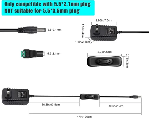 Vista 8 de adaptador de fuente de poder CC de 12V, con interruptor ON/OFF para iluminación LED de 12V., negro, 0093, 24.00watts, 12.00 volts