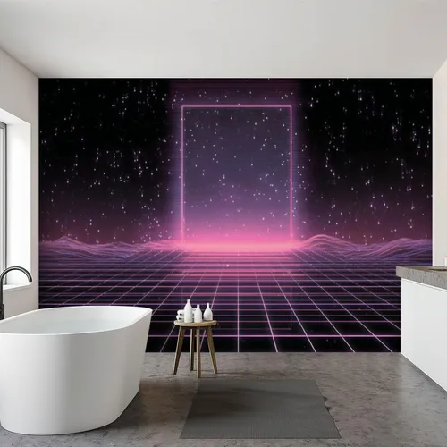 Vista 6 de Mural de pared Synthwave de onda de vapor retrowave rosa de gran brillo medio autoadhesivo autoadhesivo removible adhesivo adhesivo de pared