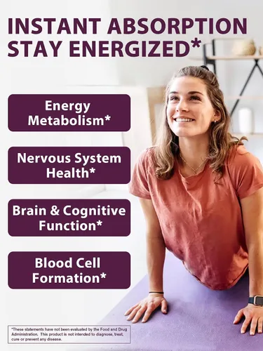 Vista 2 de Vitamina B12 sublingual, metilcobalamina 5000mcg para la producción de energía Energía, apoyo nervioso y celular, sabor natural a melocotón