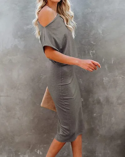 Vista 5 de Ezbelle - Vestido por debajo de la rodilla ajustado al cuerpo para mujer, con hombro descubierto y manga corta, vestido acanalado informal