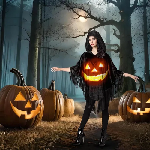 Vista 3 de Fun World Disfraz de Jack-O-Lantern Poncho para mujer, color negro, NegroNaranja