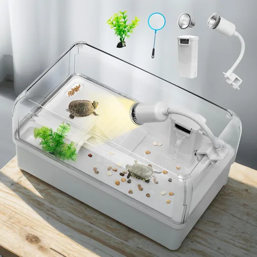 Vista 8 de AZV Kit de Hábitat para Tanque de Tortuga, Acuario Inicial de Recinto para Tortuga Acuática con Área Multifuncional y Filtro de Agua, Tina Casa